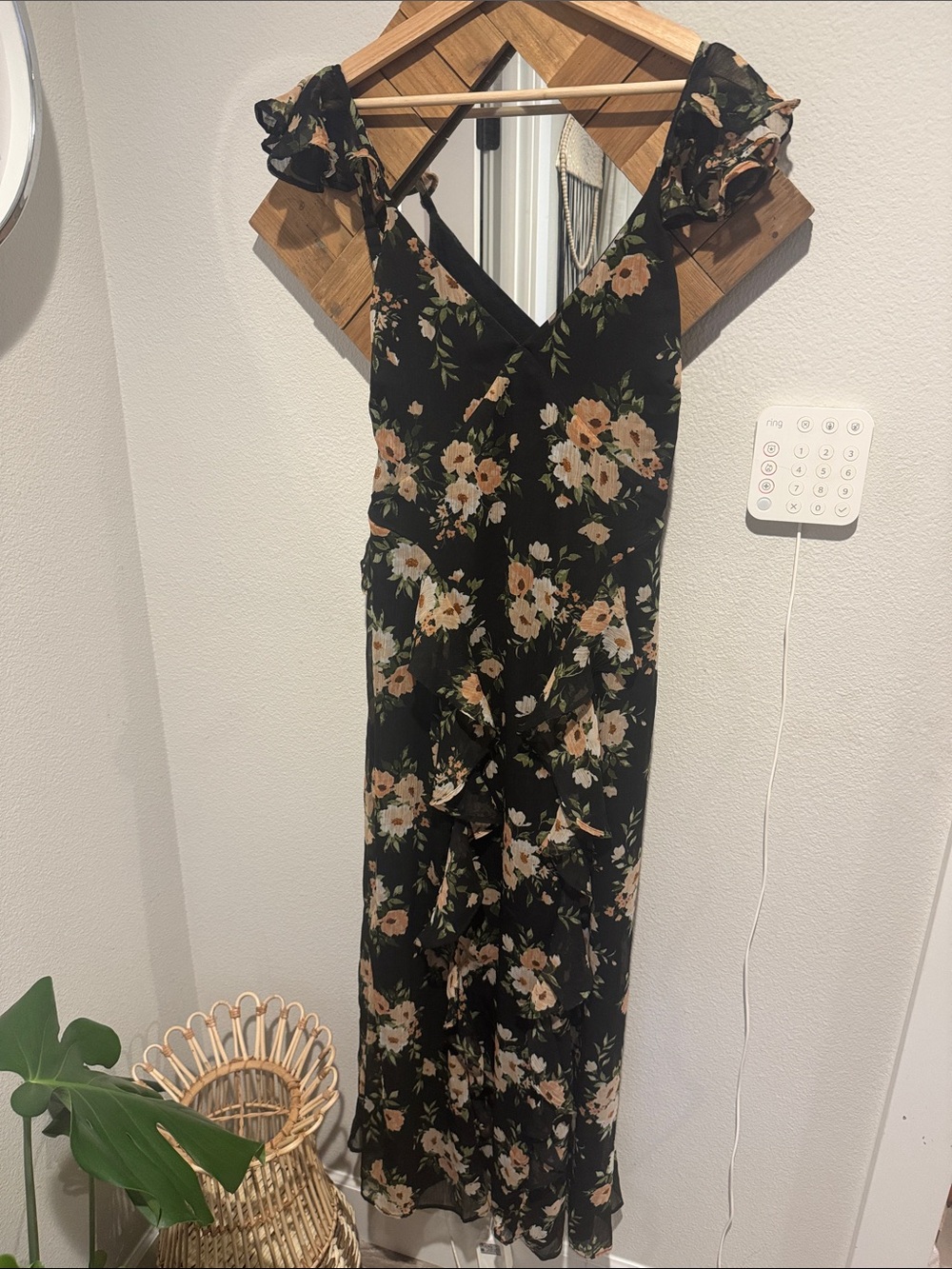 Old Navy Black Maxi Dress with Peach and Cream Floral Print